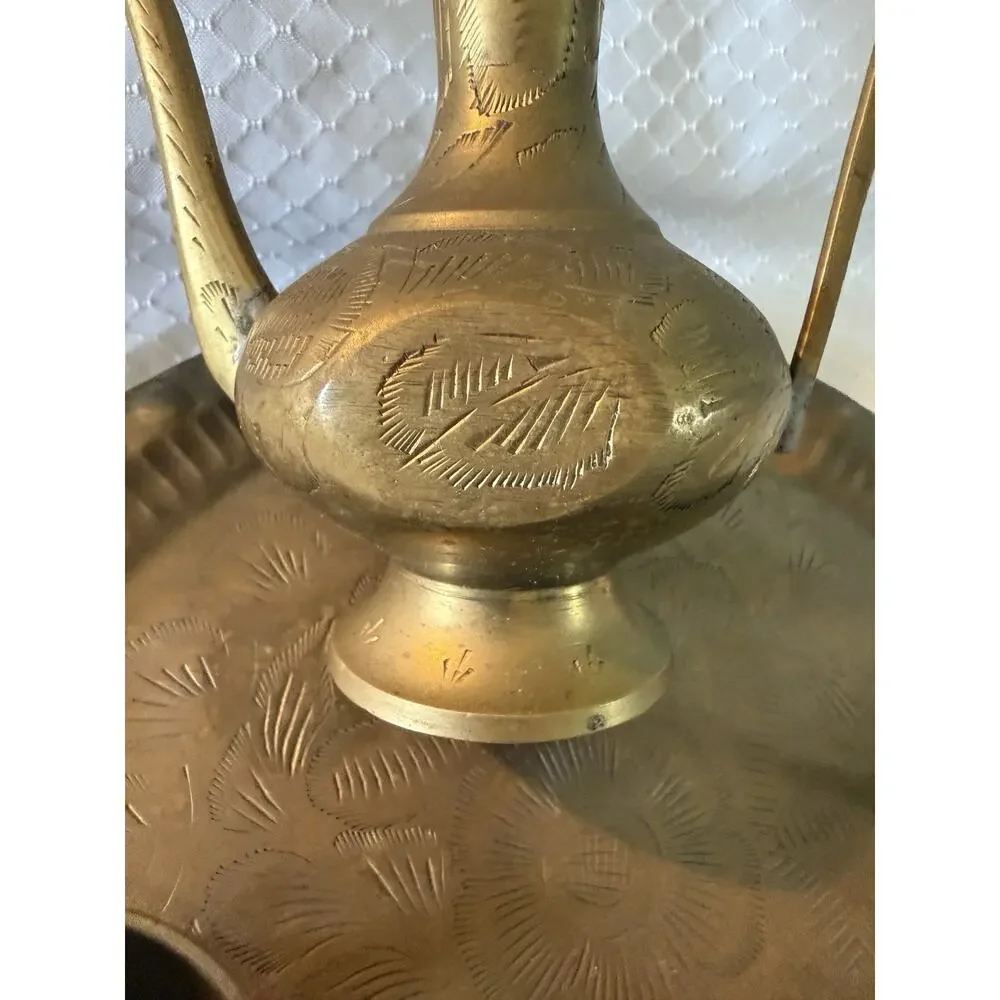 Antique Brass Tea Set w/ Tray & Teapot, Round Gold/Brown, Engraved Finish